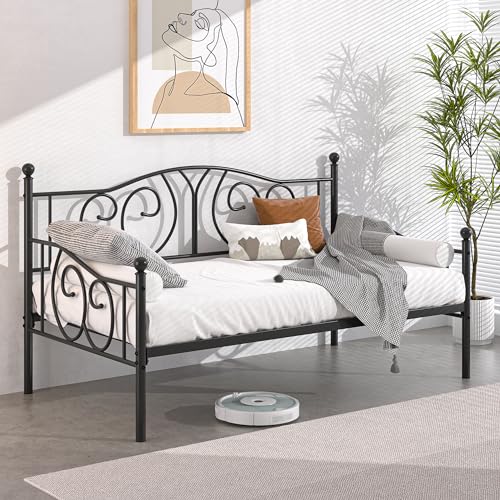 VECELO Metal Daybed Frame Multifunctional Platform Bed Sofa Mattress Foundation with Classic Headboard, Twin, Black VECELO