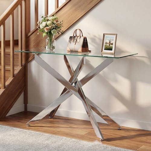 Giantex Glass Console Table, 45" Modern Entryway Table w/Clear Tempered Glass Top & Heavy Duty Metal Tubular Legs, Accent Sofa Tables, Behind Couch Tables for Living Room, Entrance, Hallway, Silver Giantex