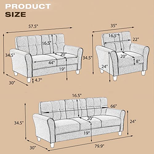 Harper & Bright Designs 3-Piece Living Room Sectional Sofa Set, Modern Style Button Tufted Linen Upholstered Armchair Loveseat Sofa and Three Seat Sofa Set Sectional Couch, Light Gray - WoodArtSupply