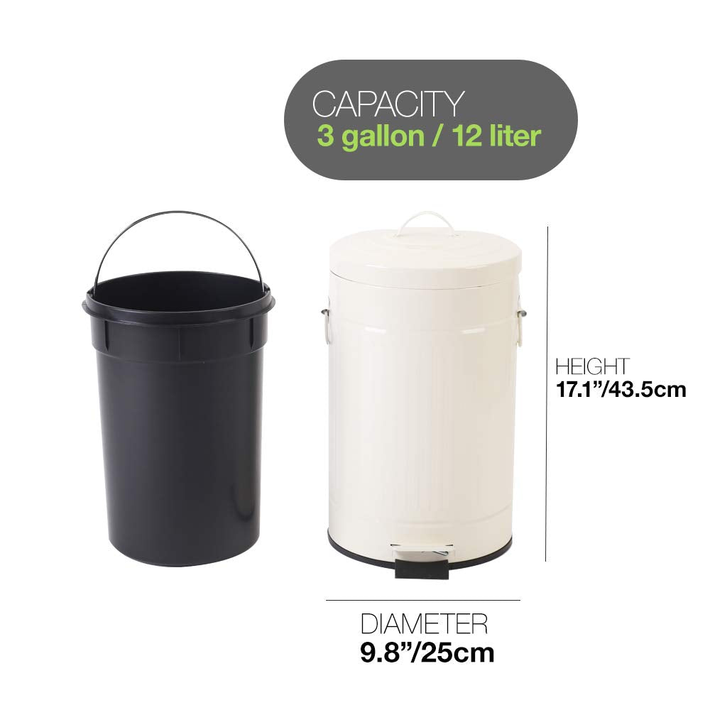 White Trash Can with Lid, White Bathroom Bedroom Waste Basket Soft Close, Small White Garbage Can, Retro Vintage Home Office Trash Can, 12 Liter/3 Gallon, Glossy Cream White mingol