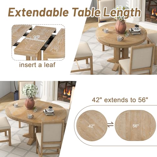 LUMISOL 5 Piece Round Extendable Dining Room Table Set with Chairs for Saving Space Solid Wood Round Kitchen Table Set, Natural Wood Wash LUMISOL