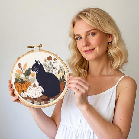 Myfelicity Embroidery kit,Fall Black Cat Embroidery Kit, Set of 3 Hoops, Autumn Pumpkin and Floral Design Myfelicity