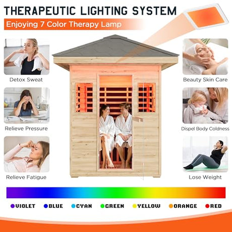 Albott Outdoor Sauna 3 Person, Infrared Saunas for Home, Low EMF 2645W/240V/15A Spruce Wood Dry Sauna with Tourmaline Stone Foot Warmer, 7-Color Light Therapy & 2 Bluetooth Speakers, 60.2"x43.3"x98.4" Albott