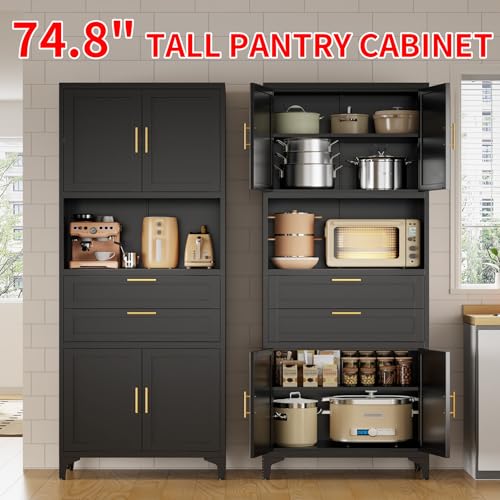 FogQueen 75" Tall Metal Storage Cabinet,Pantry Storage Cabinet with 2 Drawers and Open Space,Kitchen Cupboard with Adjustable Shelves,Multi-Functional Cabinet for Living Room,Bathroom,Garage (Black) FogQueen