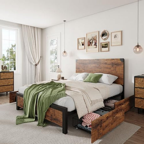 IDEALHOUSE Queen Size Bed Frame with 4 Storage, Strong Metal Support Platform Bed Frame with Vintage Wooden Headboard and Footboard, No Box Spring Needed IDEALHOUSE