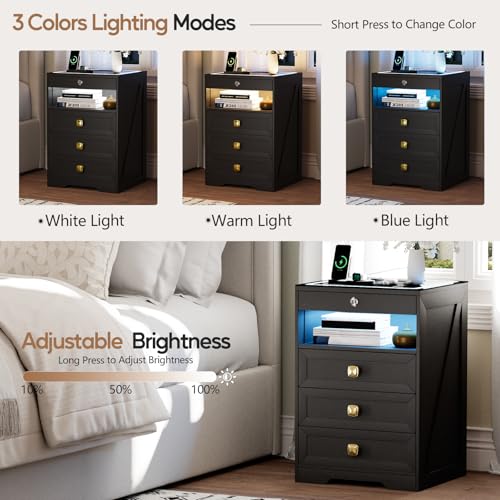 MDGC Smart Nightstand with Lockable Gun Drawer,Farmhouse Bedside Table with Charging Station and 3 LED Lights, Modern Night Stand with 3 Drawers,Glass Top End Side Table for Bedroom（Black） MDGC