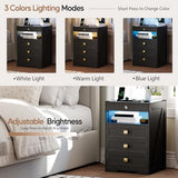MDGC Smart Nightstand with Lockable Gun Drawer,Farmhouse Bedside Table with Charging Station and 3 LED Lights, Modern Night Stand with 3 Drawers,Glass Top End Side Table for Bedroom（Black） MDGC