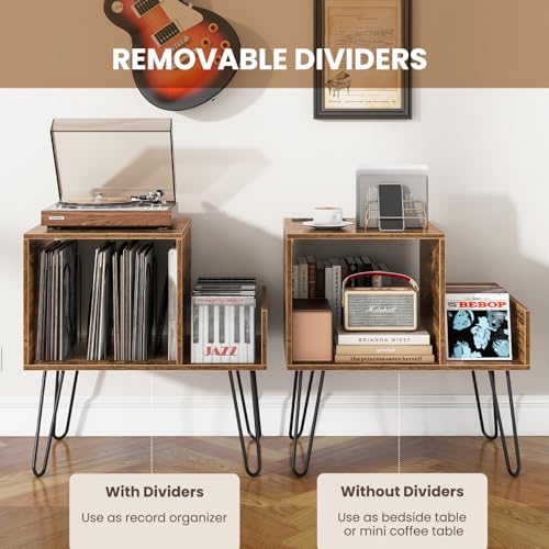 GOFLAME Record Player Stand, Turntable Stand with Charging Station, Vinyl Storage End Table with Metal Legs, Mid-Century Record Player Table for Study, Bedroom, Living Room, Rustic Brown GOFLAME