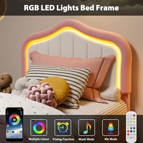 GAOMON Upholstered Twin Size LED Bed Frame with Storage Drawer, Velvet Princess Platform Bed Frame for Kids/Girls, Wooden Slats Support, No Box Spring Needed, Easy Assembly, Pink GAOMON