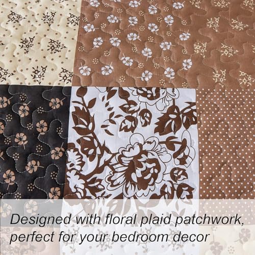 Mybedsoul Brown Quilt Set Twin Size, 2 Pieces Plaid Floral Bedspread Set Patchwork Reversible Bedding Set Microfiber Lightweight Bedspread Coverlet Set for All Season 68"x86" Mybedsoul