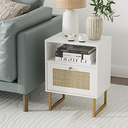 Masupu Rattan Nightstand,Modern Boho Farmhouse Wood Bedside Table with Storage Drawer and Open Shelf,Small Gold Frame Side End Table for Bedroom,Living Room,Office(White) - WoodArtSupply