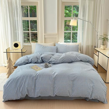 Blue Gingham Comforter Set Queen Modern Plaid Checkered Pattern Comforter 3 Pieces Blue Grid Comforter with 2 Pillowcases Soft Fluffy Gingham Bedding Set Farmhouse Plaid Comforter Set for All Seasons LifeTB