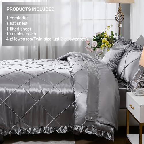 Grey Comforter Set King Sheet Set Silk Like Satin Bedding Set Silky Bed in a Bag 8 Pcs Pinch Pleat Bed Set Home Decor Luxury Hotel Silky Ruffle Comforter with 1 Cushion Cover Bedding_Dreamer