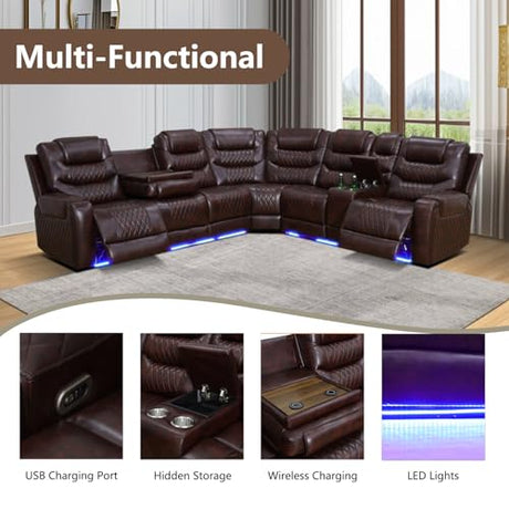 Caerrlcias Power Recliner Sectional Sofa with LED Lighting, Breathing Leather Corner Couch with USB Port and Storage Console, Cup Holders– Home Theater & Living Room Seating (Brown) Caerrlcias