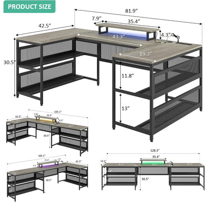 U Shaped Desk with Shelve & LED Lights, 82" Reversible L Shaped Desk with Drawers, 2 Person Corner Computer Desk Home Office Desk Gaming Table with Monitor Stand & Storage Shelves(Gray)