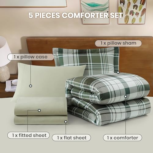 MaiRêve Olive Green Twin XL Comforter Set, Twin XL Bedding Sets for Boys Girls 5 Pieces for Dorm Farmhouse All Season Lightweight &Comfy with Fitted Sheet, Flat Sheet (Olive Green, 66"x90") MaiRêve