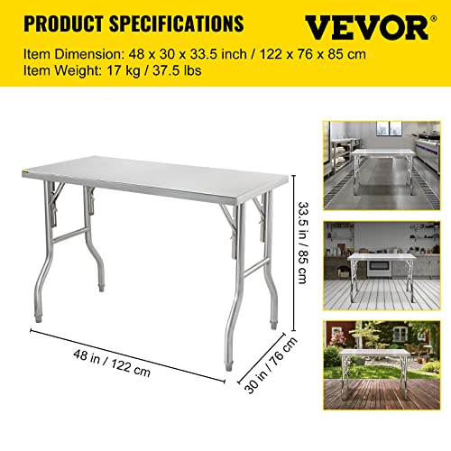 VEVOR 48 x 30 Inch Commercial Prep, Heavy-Duty Folding 661 lbs Load, Work Table, Silver Stainless Steel Kitchen Island