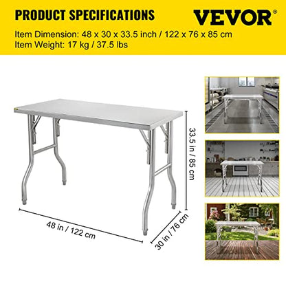 VEVOR 48 x 30 Inch Commercial Prep, Heavy-Duty Folding 661 lbs Load, Work Table, Silver Stainless Steel Kitchen Island