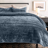 EVERGRACE Luxury Ruched Velvet Quilt Queen Size, Ultra Soft Bedspread Coverlet Set, Lightweight Velvet Comforter, Quilted Bedding Cover with 2 Matching Shams for All Season, Stormy Blue EVERGRACE