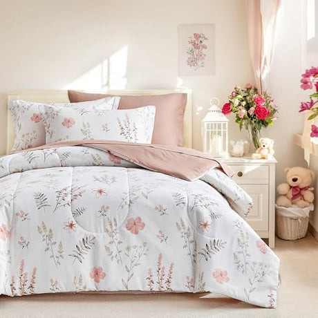 Joyreap 7pcs Cotton Comforter Sheet Set for Girls, Queen Size Bed in a Bag, Pink Flowers n Leaves Botanical Design, Soft n Cozy Kids Bedding Comforter Set for All Season- 88x88 inches Joyreap