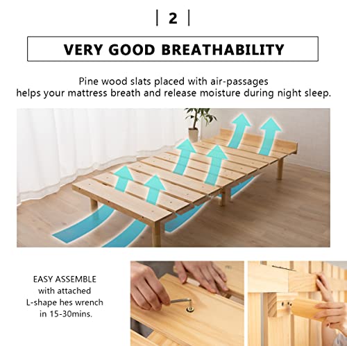 EMOOR Wood Slatted Floor Bed Frame OSMOS Full for Japanese Futon Mattress Solid Pine (Retro-Brown), Height Adjustable (2/7/12in) Tatami Mat EMOOR