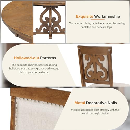 Merax Round Dining Table Set for 4, 5-Piece Extendable Kitchen Table Set with 4 Upholstered Chairs, Farmhouse Dining Table and Chairs Set for Kitchen, Dining Room, Living Room, Walnut Merax