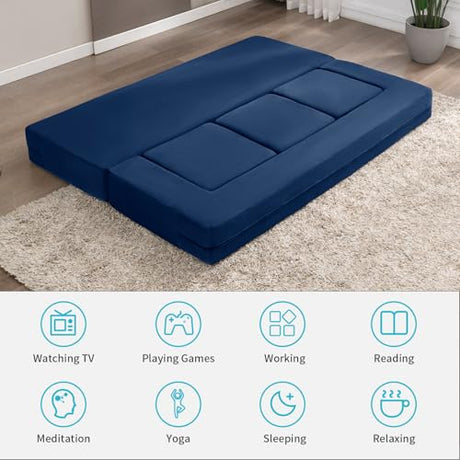CECER 80" Convertible Floor Sofa Bed，Folding Sofa Bed with 3 Ottomans，Velvet Modular Sectional Futon Sleeper，Foldable Memory Foam Couch for Living Room/Guest Room/Playroom（Blue） CECER