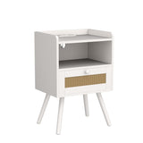 SUPERJARE Nightstands with Charging Station, Bedside Table Set of 2 with PE Rattan Drawers, Rattan Side Table with Storage & Solid Wood Feet, End Table for Bedroom, White SUPERJARE