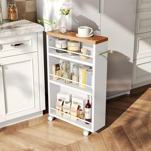 LITTLE TREE 4 Tier Rolling Cart with Wheels, 6.3 Inch Slim Storage Cart, Wooden Snack Cart with Narrow Shelf, White Laundry Room and Bathroom Organizer Shelves LITTLE TREE