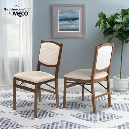 MECO Stakmore Contemporary Premium Solid Wood Dining Compact Folding Chair Set with Fabric Padded Upholstered Seat, Fruitwood, Set of 2