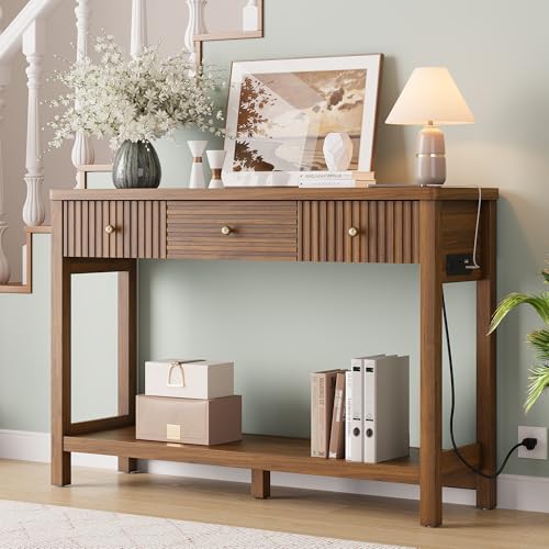 47 Inch Fluted Console Table with Outlets and USB-C Port, Mid Century Modern Sofa Table with 3 Drawers and Open Shelf, Entryway Table with Charging Station for Behind Couch, Hallway, Foyer, Walnut Decofy