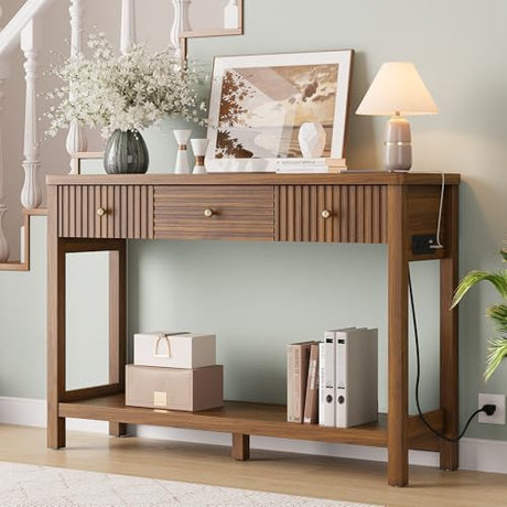 47 Inch Fluted Console Table with Outlets and USB-C Port, Mid Century Modern Sofa Table with 3 Drawers and Open Shelf, Entryway Table with Charging Station for Behind Couch, Hallway, Foyer, Walnut Decofy