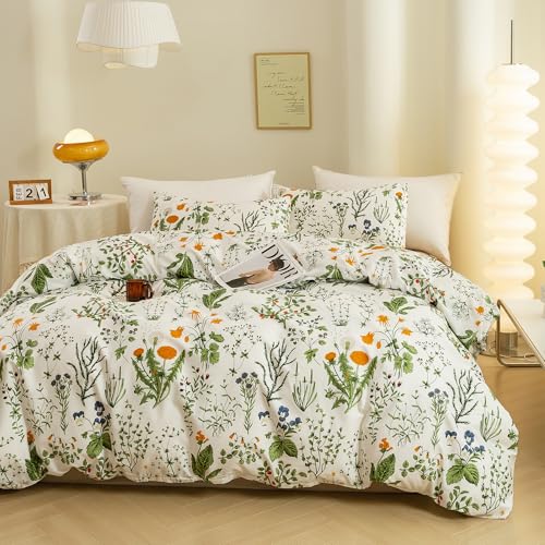 ECOCOTT 3 Pieces Floral Duvet Cover Sets King Size,100% Natural Cotton Floral Pattern 1 Duvet Cover with Zipper and 2 Pillowcases, Ultra Soft and Easy Care Breathable Cozy Simple Style Bedding Set ECOCOTT
