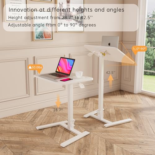 alawooder 25 Inch Mobile Folding Desk - No Assembly Pneumatic Sit-Stand Desk, 29-42" Height Adjustable Rolling Laptop Desk with Hidden Wheels, 0-90° Tilt Top for Home Office, Craft & Study alawooder