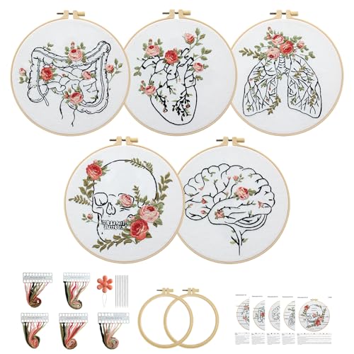 5 Sets Skull Embroidery Kits for Beginners Adults, Anatomy Embroidery Starter Kit for Doctors Nurses Christmas Gifts with Floral Stamped Pattern DIY Needlepoint Kit Cross Stitch Set Includes 2 Hoops