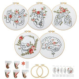 5 Sets Skull Embroidery Kits for Beginners Adults, Anatomy Embroidery Starter Kit for Doctors Nurses Christmas Gifts with Floral Stamped Pattern DIY Needlepoint Kit Cross Stitch Set Includes 2 Hoops