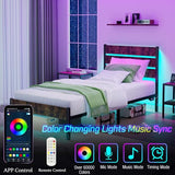 PUNICE Twin Size Bed Frame with Charging Station, LED Light Metal Bed Frame with Wooden Headboard, No Box Spring Required, No Noise, Easy Assembly, Rustic Brown PUNICE
