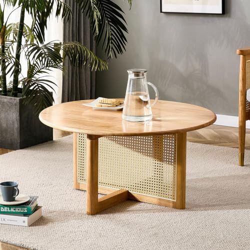 WIIS' IDEA 33In Round Wood Coffee Table,Natural Wood Coffee Tables for Living Room,Modern Rattan Small Coffee Table,Solid Wood Coffee Tea Table