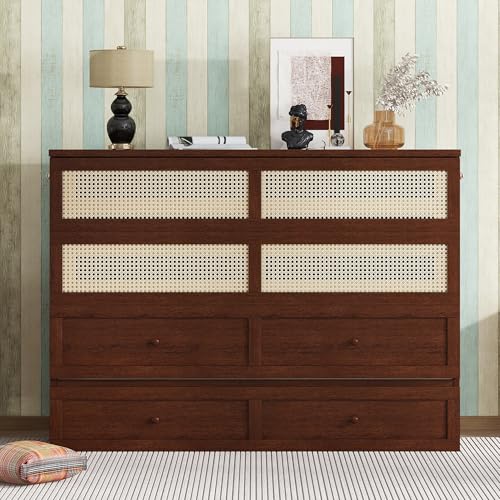 KALALLA Retro Rattan Queen Size Murphy Bed Cabinet with Storage Drawers, Hidden Foldable Platform Bed, Space Saving for Small Room, Kids Adults Guest, Walnut KALALLA
