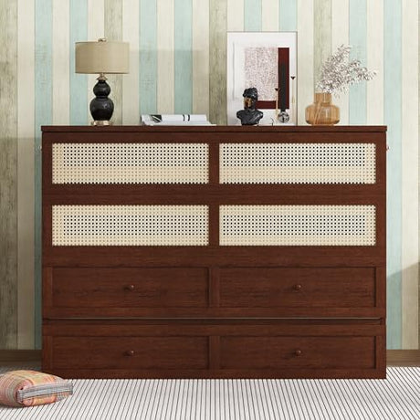 KALALLA Retro Rattan Queen Size Murphy Bed Cabinet with Storage Drawers, Hidden Foldable Platform Bed, Space Saving for Small Room, Kids Adults Guest, Walnut KALALLA