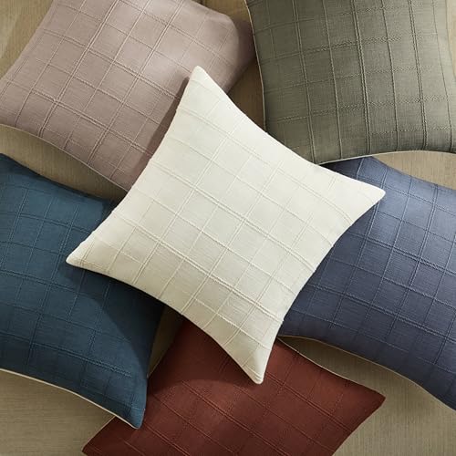 ZeeMart Linen Checked Lumbar Throw Pillow Covers Set of 2, 12x20 Inch Blue/Cream, Farmhouse Decorative Single Sided Grid Embroidered Couch Pillow Cases Dusty Blue Cotton Linen Cushion Covers ZeeMart