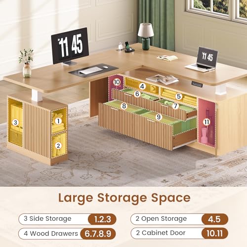 SEDETA L Shaped Electric Standing Desk, 69" x 55"Height Adjustable Office Executive Desk with 4 Drawers and Storage Shelves, Fluted Sit Stand Computer Desk with Power Outlet for Home Office, Oak SEDETA