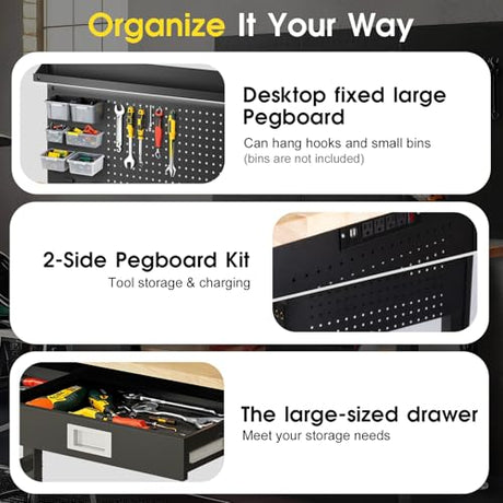 48" Adjustable Work Bench with Drawers, Workbench for Garage with Strip Light, Work Table with Large Pegboard, 2000 LBS Heavy Duty Table with Power Outlet Rubber Wood for Office, Workshop FIXCHIGO