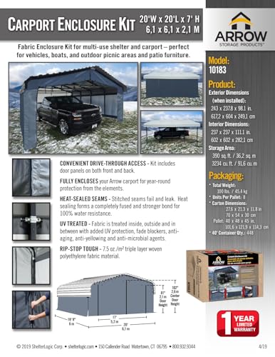 Arrow Carports Enclosure Kit for Galvanized Steel Carport, Fabric Carport Wall Panels, 20' x 20' x 7' Arrow