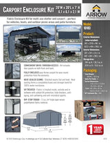 Arrow Carports Enclosure Kit for Galvanized Steel Carport, Fabric Carport Wall Panels, 20' x 20' x 7' Arrow
