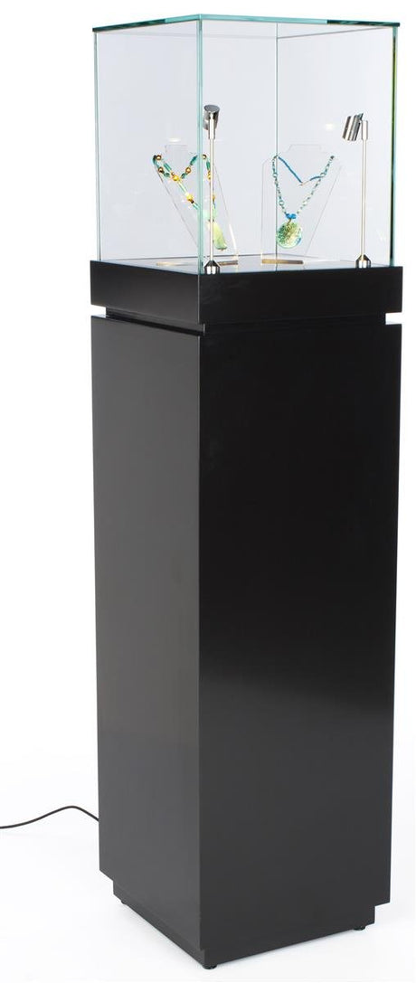 64" Glass Showcase with Pull-Out Drawer and Locking Storage Cabinet, Includes 2 LED Spotlights, Pedestal Display Case for 360 Degree Viewing - Black Displays2go