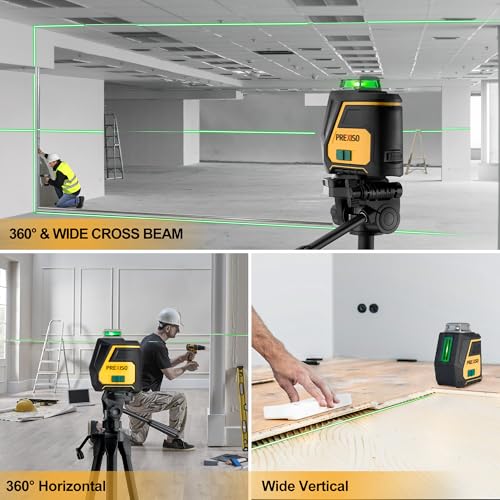 PREXISO 360 Laser Level with Tripod - IP54 Rechargeable Wide Angle Vertical Line Laser, 100Ft Green 3 Brightness Adjustment Self Leveling Cross Line for Construction, Floor Tile, Renovation Prexiso