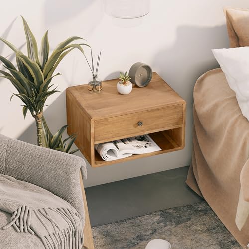 COZAYH Farmhouse Rubber Wood Floating Nightstand with Drawer and Open Shelf, Transitional Wall Mounted Side Table with Open Slot for Bedroom, Fully Assembled (Natural) COZAYH