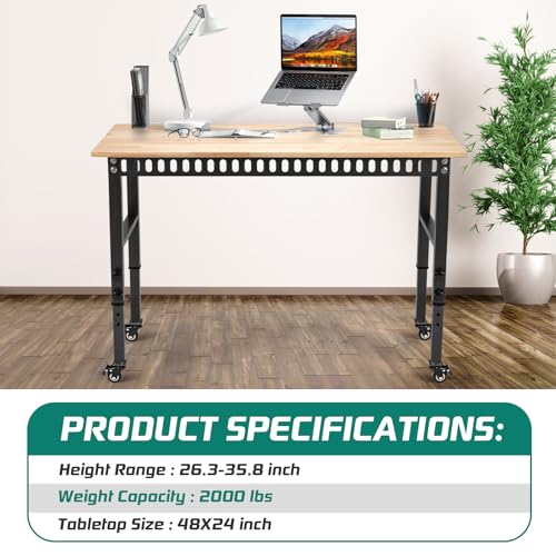 OLBRUS 48 "Adjustable Wheels Workbench, Heavy Duty 2000 LBS Load Capacity Hardwood Workbench Suitable for Workshop, Office, Garage, Home (Metal Wheels丨No Power Outlets 48"x24") OLBRUS
