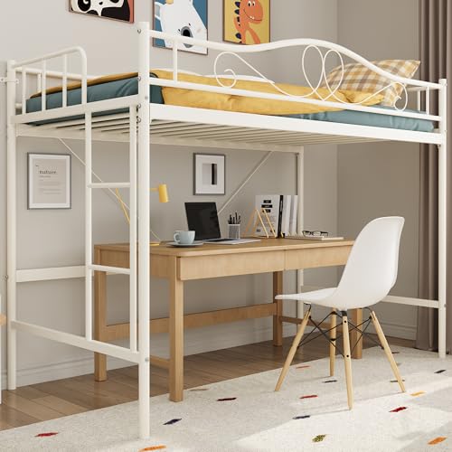 IDEALHOUSE Loft Bed Twin Size with Ladder & Full Safety Guardrail, Heavy Duty Metal Twin Loft Bed 400 Lbs Load Capacity, Space-Saving, Noise Free, No Box Spring Needed, Easy Assembly, Cream White IDEALHOUSE